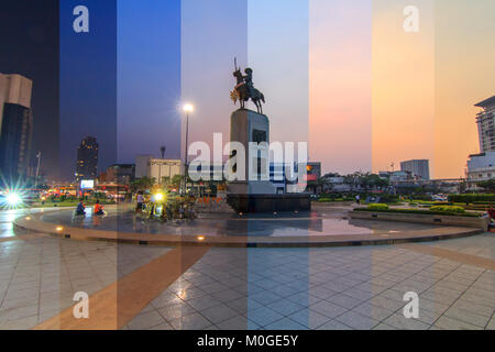 Nuance différente couleur au même cadre ofKing statue à Wongwainyai Taksin circle Banque D'Images