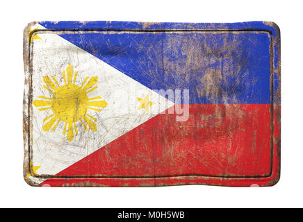 Le rendu 3D d'un drapeau Philippines sur une plaque métallique rouillée. Isolé sur fond blanc. Banque D'Images