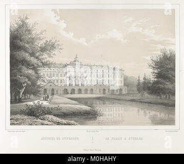 'Le Palais à Strelna', de la série 'vues pittoresques des palais & jardins impériaux aux environs de tous Petersbourg', représente le complexe du palais impérial près de Saint-Pétersbourg, en Russie, mettant en valeur son architecture classique et ses jardins paysagers. Banque D'Images