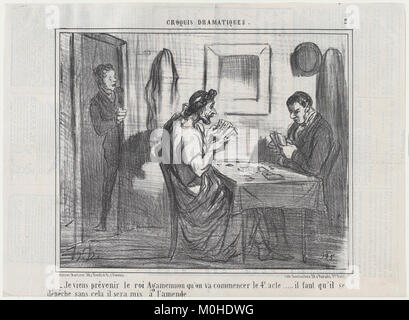 Une caricature de 1856 intitulée 'je viens prévenir le roi Agamemnon qu'on va commencer le 4e acte...' Tiré de croquis dramatiques, publié dans le Charivari, représentant la satire théâtrale du milieu du XIXe siècle en France. Banque D'Images