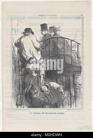 Caricature satirique de le Charivari (1856) représentant la réaction du public au nouveau système omnibus de Paris. L'œuvre critique avec humour les premiers défis des transports publics à travers des commentaires sociaux. Banque D'Images