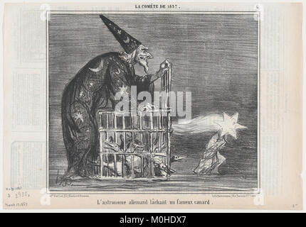 Cette lithographie intitulée « L’astronome allemand lâchant un fameux canard » d’Honoré Daumier, publiée dans l’hebdomadaire satirique le Charivari du 17 mars 1857, montre une caricature d’un astronome allemand lâchant un canard en caoutchouc en réaction à l’apparition de la Grande comète de 1857. Banque D'Images