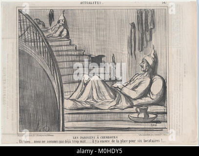 Lithographie d'Honoré Daumier intitulée 'les Parisiens à Cherbourg', publiée dans le Charivari en août 1858. L'œuvre représente avec humour les Parisiens visitant Cherbourg, reflétant la satire française et les commentaires sociaux du XIXe siècle. Banque D'Images
