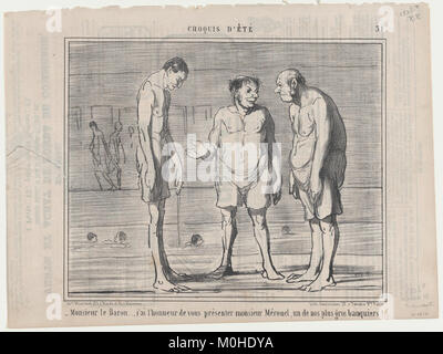 Une lithographie intitulée *Monsieur le Baron..., j’ai l’honneur...* d’Honoré Daumier, parue dans *le Charivari* le 2 juillet 1858. L'estampe satirit les manières sociales françaises du XIXe siècle et les interactions de classe à travers la caricature. Banque D'Images