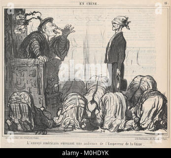 Une lithographie intitulée *L'envoyé américain obtenant une audience de l'Empereur de la Chine...* par Honoré Daumier, publiée dans *le Charivari* le 21 octobre 1859. L'estampe représente une rencontre diplomatique entre un envoyé américain et l'empereur chinois. Banque D'Images