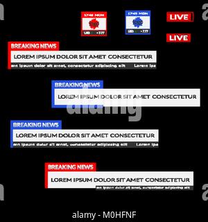 Ensemble de rouge et bleu tiers inférieur des bannières. Breaking news, live, date, service de bar écran de diffusion. Télévision vecteur illustration isolé sur noir backgrou Illustration de Vecteur