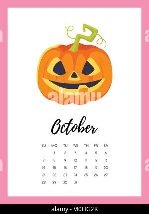 Octobre 2018 page de calendrier de l'année Illustration de Vecteur