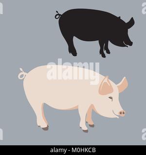 Style plat porc vector illustration silhouette noire côté profil Illustration de Vecteur