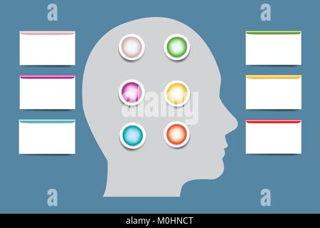 La tête de l'homme contenant des boutons de couleur blanche silhouette entouré par des rectangles vides prêts pour votre texte. Illustration de Vecteur