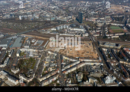 Vue aérienne, la construction de l'emplacement de l'Université de Sciences Appliquées de Düsseldorf sur le site de l'ancienne brasserie Schlösser, Düsseldorf, Rhénanie, No Banque D'Images