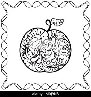 Apple dessin à la main rempli de motif d'ornement décoratif en style doodle. Contour noir et blanc illustration isolé sur fond blanc Illustration de Vecteur