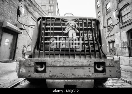 New York, USA - 24 mai 2017 : Plush mascot attaché à un bouclier camion garé dans une rue de Brooklyn Dumbo. Banque D'Images