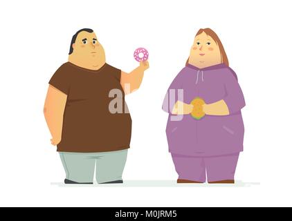 Manger des aliments mauvais couple dodus - cartoon illustration isolé des caractères des gens Illustration de Vecteur