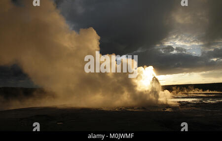 La Clepsydre Geyser éclate au coucher du soleil dans le geyser Basin au Parc National de Yellowstone, le 16 juin 2015 dans le Wyoming. Banque D'Images