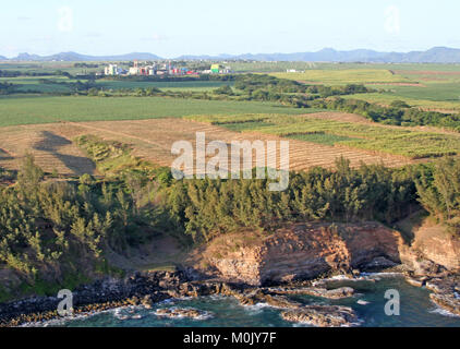 Voir de champs agricoles et falaise rocheuse depuis un hélicoptère, le district de Savanne, la République de Maurice. Banque D'Images