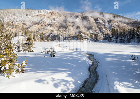 Snow entoure un petit ruisseau en face de Roaring Mountain au parc national de Yellowstone en hiver le 7 décembre 2017 dans le Wyoming. Banque D'Images