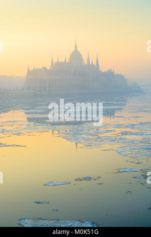 Bâtiment du Parlement européen reflète dans Danube encore couvertes de glace dans la brume jaune, Budapest Banque D'Images