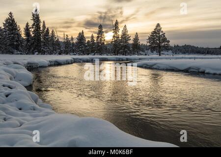 Entoure de neige Gibbon Creek au coucher du soleil au Parc National de Yellowstone en hiver 21 Décembre, 2017 dans le Wyoming. Banque D'Images