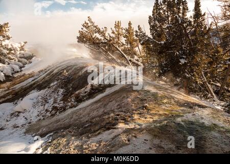 Snow entoure la jauge Norrow Printemps au Parc National de Yellowstone en hiver 30 Décembre, 2017 dans le Wyoming. Banque D'Images