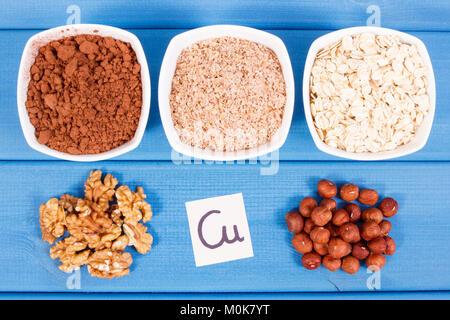 Produits ou ingrédients contenant du cuivre et les fibres alimentaires, les sources naturelles de minéraux, d'une nutrition saine Banque D'Images