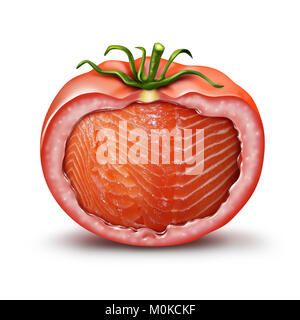 Aliments et nutrition OGM hybride concept comme une tomate avec à l'intérieur du saumon de l'agriculture comme une reproduction génétique et la manipulation des gènes. Banque D'Images