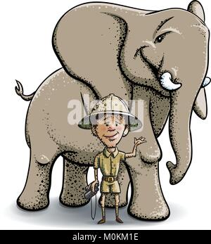 Voyages et aventures en Afrique. Un pith helmet wearing'pose avec un grand éléphant africain. C'est une solution évolutive et dessin vectoriel éditable. Illustration de Vecteur