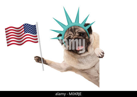 Chien chiot pug smiling holding up drapeau américain, de côté à partir de la bannière blanche, portant la couronne lady liberty, isolé Banque D'Images