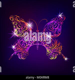Papillon dentelle décorative en agneau irisé des couleurs vives sur un fond sombre Illustration de Vecteur