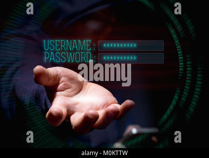 La cybercriminalité à capuchon à l'aide de hackers piratage téléphone mobile et internet dans le cyberespace à l'utilisateur et le mot de passe de sécurité des données personnelles en ligne,concept. Banque D'Images