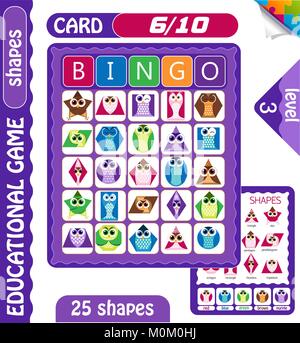 educational bingo game for preschool kids with shapes in the form of owls. Bingo cards. Cartoon vector illustration. Illustration de Vecteur
