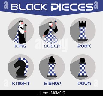 Pièces d'échecs noir : le roi, la reine, l'évêque, chevalier, en tour. Jeu d'échecs vecteur icônes dans un style plat Illustration de Vecteur