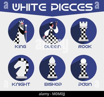 Pièces des échecs blanc : le roi, la reine, l'évêque, chevalier, en tour. Jeu d'échecs vecteur icônes dans un style plat Illustration de Vecteur