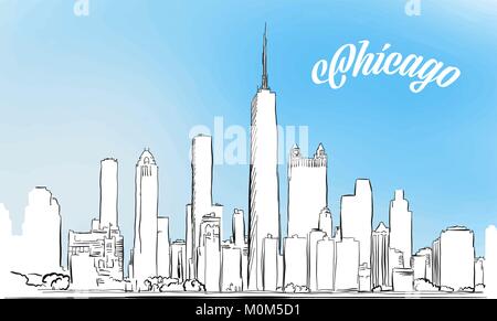 Croquis de Chicago, Illinois, USA. Hand drawn vector illustration avec manchette moderne. Pour utiliser les cartes de voeux et de marketing. Illustration de Vecteur