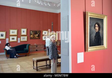 France,Paris,musée Delacroix,studio sur la gauche et portrait de Delacroix à partir de son autoportrait peint pour l'auto-portraits galerie dans les bureaux à Florence Banque D'Images