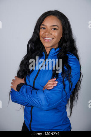 Mica Bobsleigher Moore lors d'une séance en kitting à ADIDAS Stockport. Banque D'Images