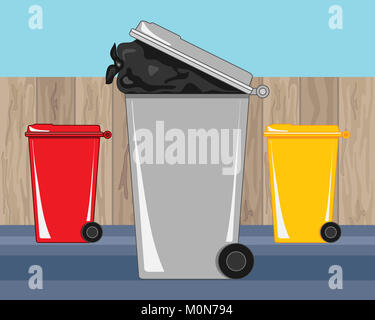 Une illustration des déchets et des bacs de recyclage dans une cour arrière avec une clôture en bois et un ciel bleu Banque D'Images