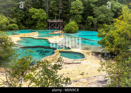 Le Parc National de Huanglong, Sichuan, Chine, célèbre pour ses piscines colorées formées par les dépôts de calcite. Située à plus de 3000m d'altitude, c'est un l'UNES Banque D'Images