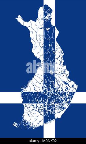 Carte de Finlande en couleurs du drapeau finlandais. Couleurs du drapeau sont bon. Les rivières et lacs sont indiqués. Illustration de Vecteur