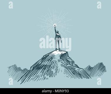 Businessman, voyageur ou homme debout sur le pic de montagne. Vector illustration croquis Illustration de Vecteur