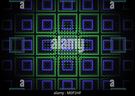 Résumé fond fractal tech avec du violet et des néons carrés verts sur fond noir Banque D'Images