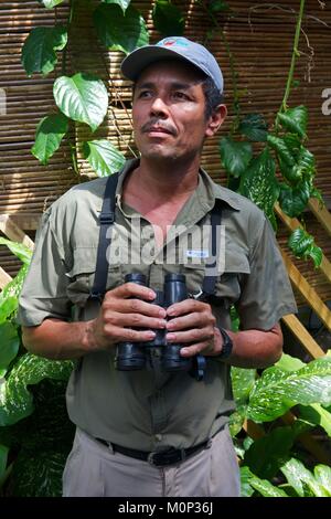 Costa Rica, péninsule d'Osa, guide naturaliste dans les jumelles dans la main dans l'ecolodge Lapa Rios Banque D'Images