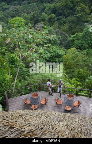 Costa Rica, péninsule d'Osa, deux guides naturalistes de l'ecolodge de Lapa Rios une terracce surounding forêt primaire Banque D'Images