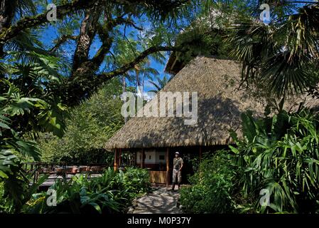 Costa Rica, péninsule d'Osa, guide naturaliste en face du restaurant avec toit vert imitant les abris de l'ecolodge Lapa Rios Banque D'Images