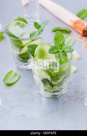 Mojito cocktail, rafraîchissante boisson d'été dans des verres réfrigérés sur fond gris clair Banque D'Images