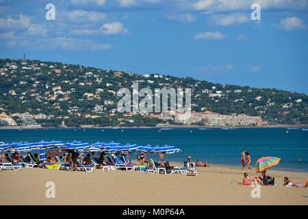 France,Herault,Sete,plage de Lido,les vacanciers à prendre le soleil en bordure de mer avec Mont Saint Clair en arrière-plan Banque D'Images