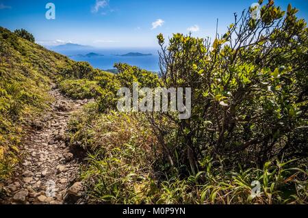 France,Caraïbes,Antilles, la Guadeloupe, Basse-Terre, Saint-Claude, vue sur l'archipel des Saintes, la Dominique et la Martinique,exceptionnellement claire du sentier de randonnée menant au sommet de la Soufrière (1467 m), surnommé vié madanm la en créole Guadeloupéen ou la vieille dame (la vieille dame) en français, est le seul volcan actif sur l'île pendant 10 000 ans,en ce moment dans un état de repos éruptif,parmi les neuf volcans actifs des Petites Antilles Banque D'Images