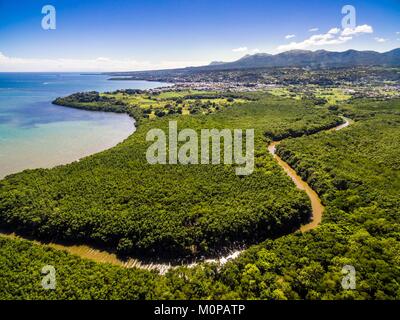 France,Caraïbes Petites Antilles, la Guadeloupe, Basse-Terre,,Petit-Bourg,vue aérienne sur le territoire de la commune et de ses la mangrove,Petit Cul-de-sac marin et le volcan de La Soufrière en arrière-plan (vue aérienne) Banque D'Images