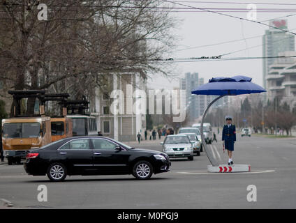 L'agent de sécurité du trafic nord-coréen en uniforme bleu au milieu des voitures, de la province de Pyongan, Pyongyang, Corée du Nord Banque D'Images