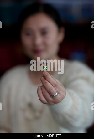 Femme Corée du Nord montrant une broche de football, Ryanggang Province, Samjiyon, la Corée du Nord Banque D'Images