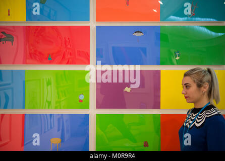 Battersea Park, London, UK. 24 janvier 2018. Les antiquités et les textiles décoratifs est ouvert juste à Battersea Park jusqu'au 28 janvier 2018. Matières éditions, série de 10 screenprints par Michael Craig-Martin, 1997. Credit : Malcolm Park/Alamy Live News. Banque D'Images